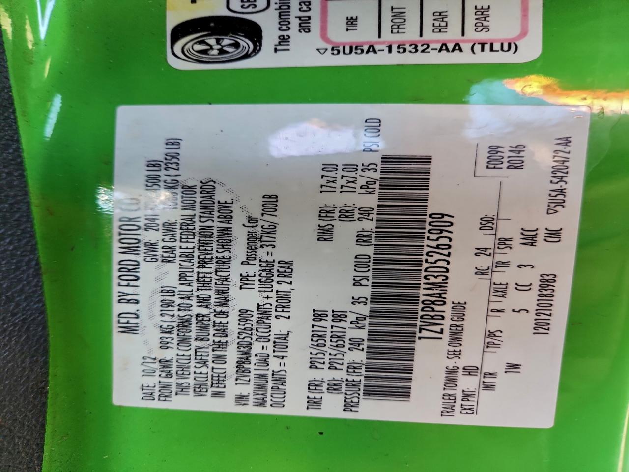 2013 Ford Mustang VIN: 1ZVBP8AM3D5265909 Lot: 93978655