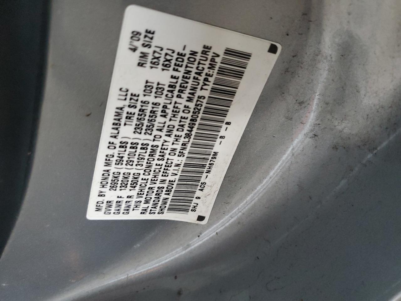 2009 Honda Odyssey Ex VIN: 5FNRL38449B052575 Lot: 92759745