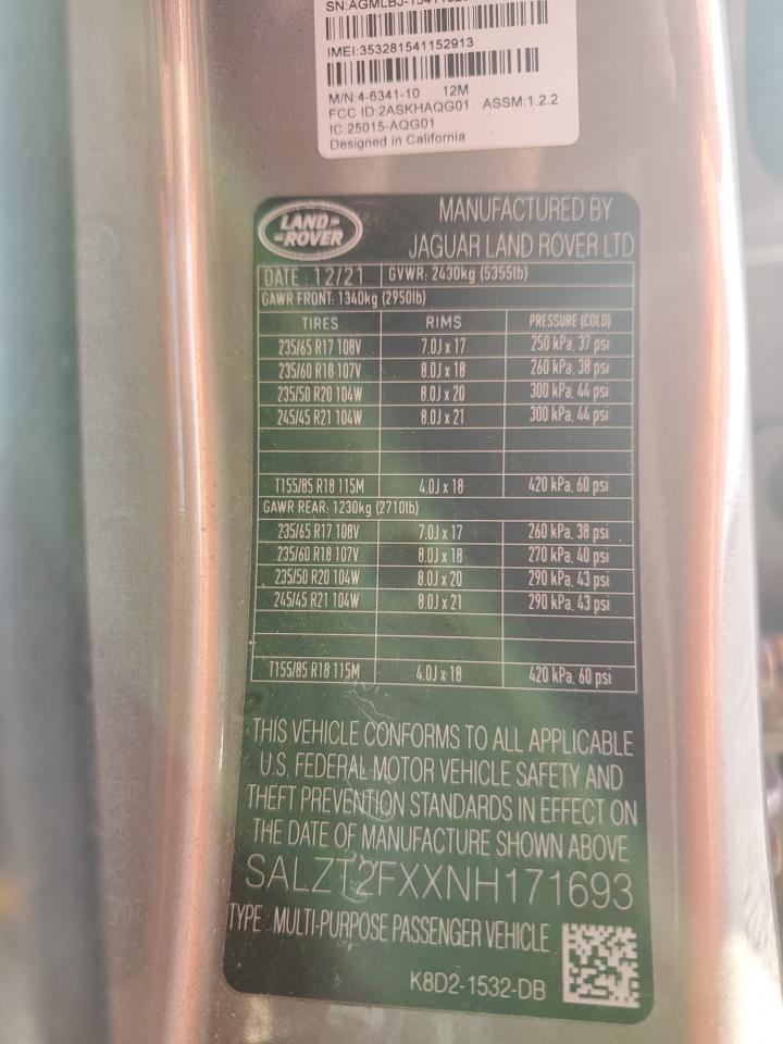 2022 Land Rover Range Rover Evoque R-Dynamic S VIN: SALZT2FXXNH171693 Lot: 91244235