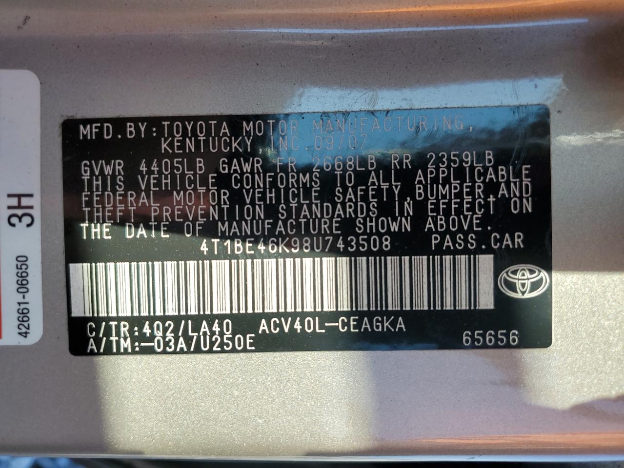 2008 Toyota Camry Ce VIN: 4T1BE46K98U743508 Lot: 93426415