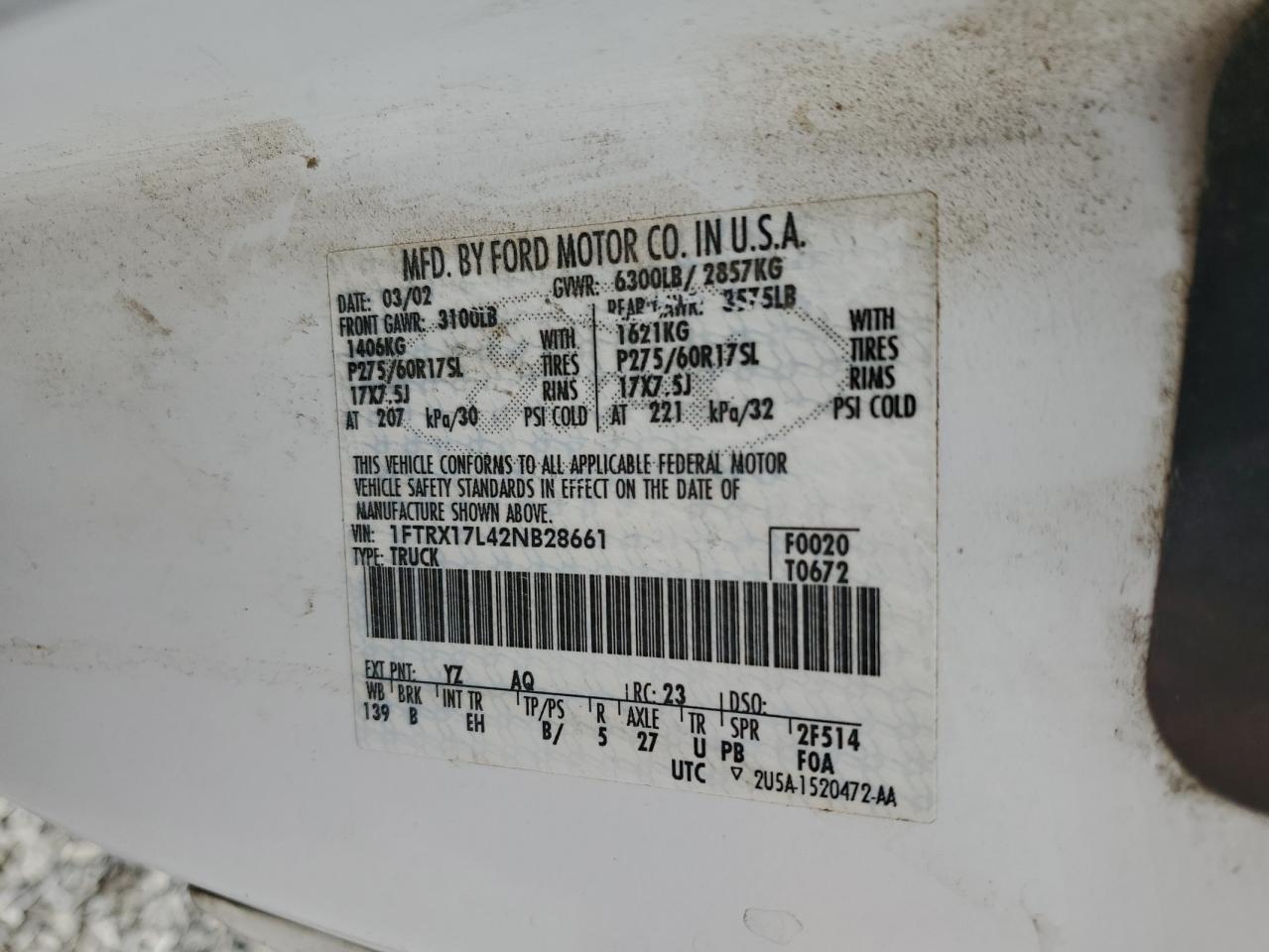 2002 Ford F150 VIN: 1FTRX17L42NB28661 Lot: 92951505