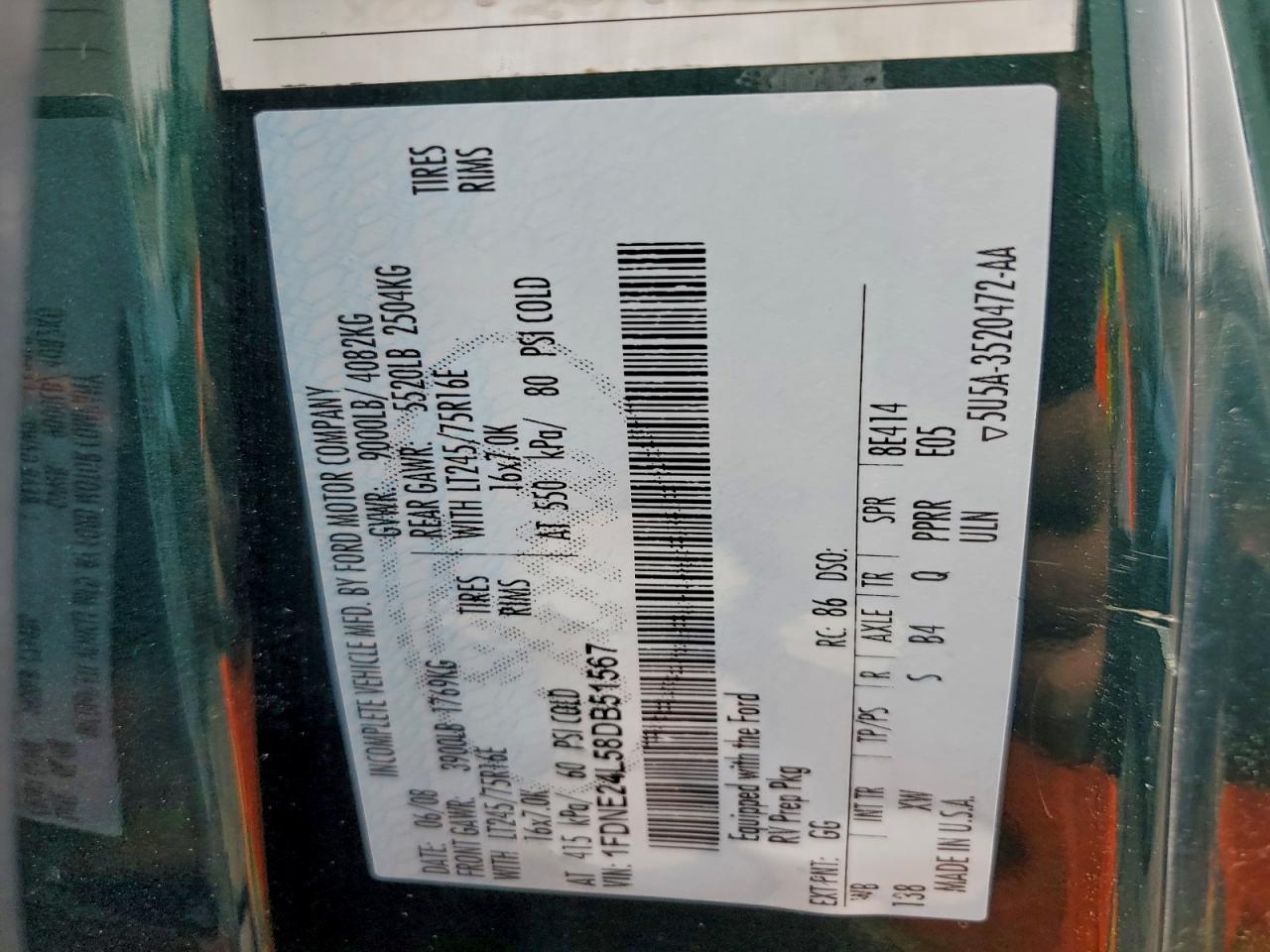 2008 Ford Econoline E250 Van VIN: 1FDNE24L58DB51567 Lot: 94508805