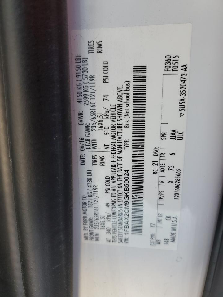 2016 Ford Transit T-350 VIN: 1FBAX2CM9GKB50024 Lot: 90909655