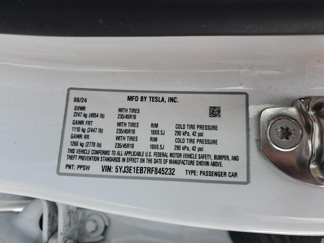 2024 Tesla Model 3 VIN: 5YJ3E1EB7RF845232 Lot: 93371935