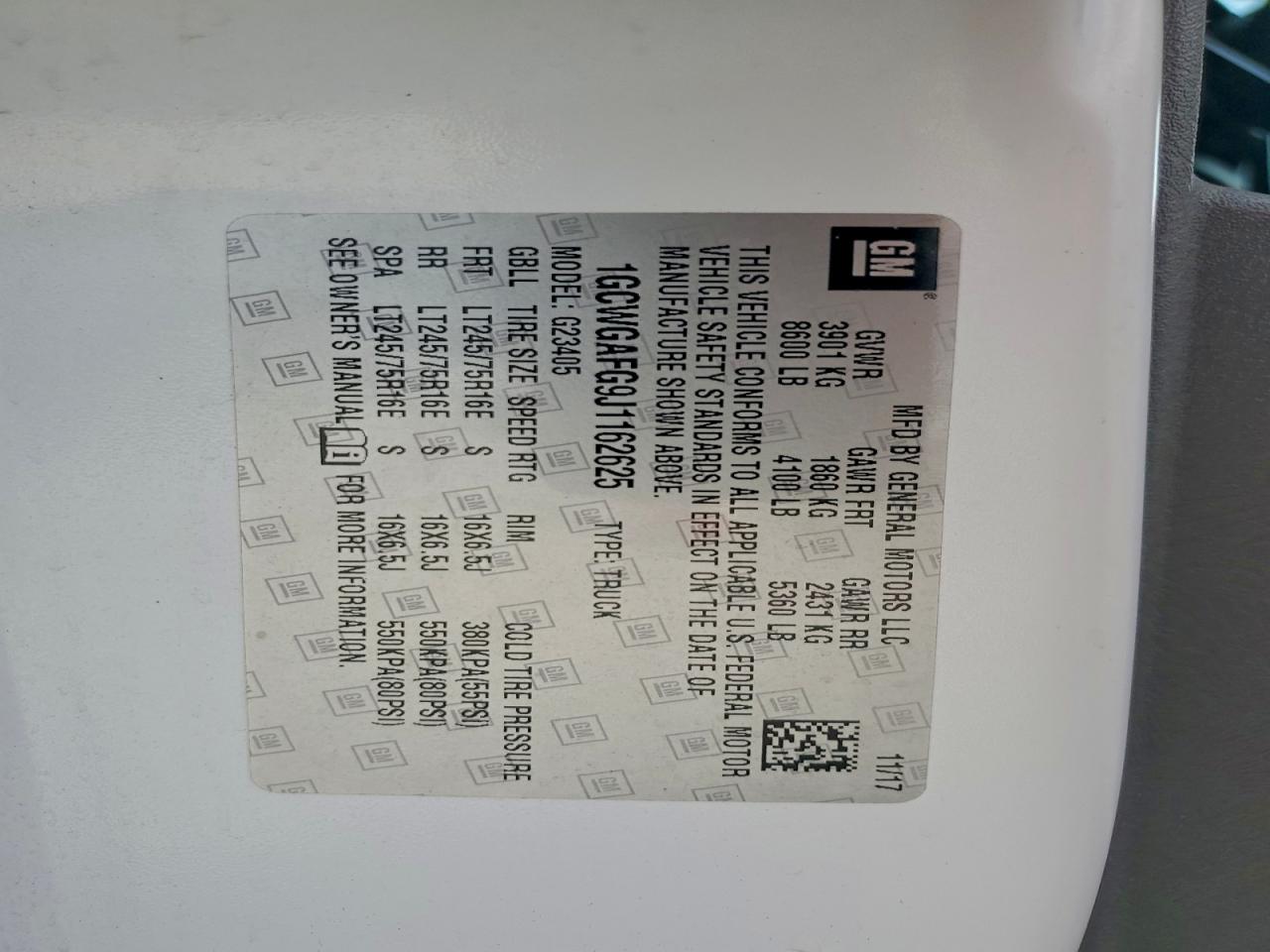 2018 Chevrolet Express G2500 VIN: 1GCWGAFG9J1162625 Lot: 93935275