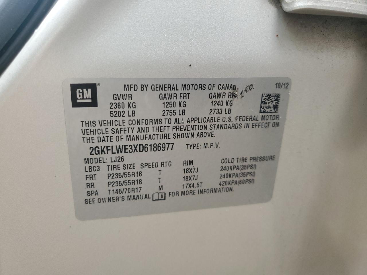 2013 GMC Terrain Slt VIN: 2GKFLWE3XD6186977 Lot: 93195715