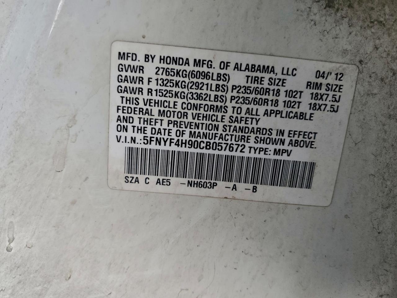 2012 Honda Pilot Touring VIN: 5FNYF4H90CB057672 Lot: 93768955