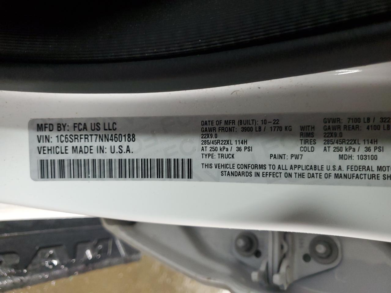 2022 Ram 1500 Laramie VIN: 1C6SRFRT7NN460188 Lot: 92482255