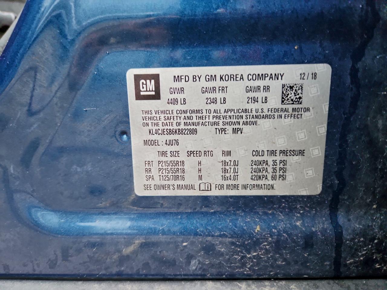 2019 Buick Encore Preferred VIN: KL4CJESB6KB822809 Lot: 93742805