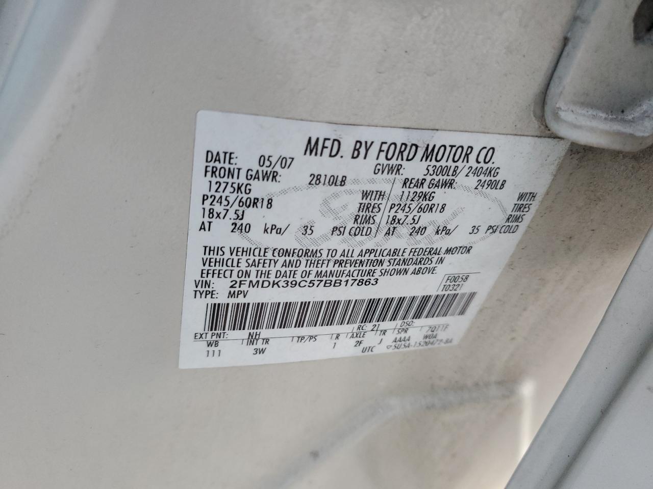 2007 Ford Edge Sel Plus VIN: 2FMDK39C57BB17863 Lot: 92033465