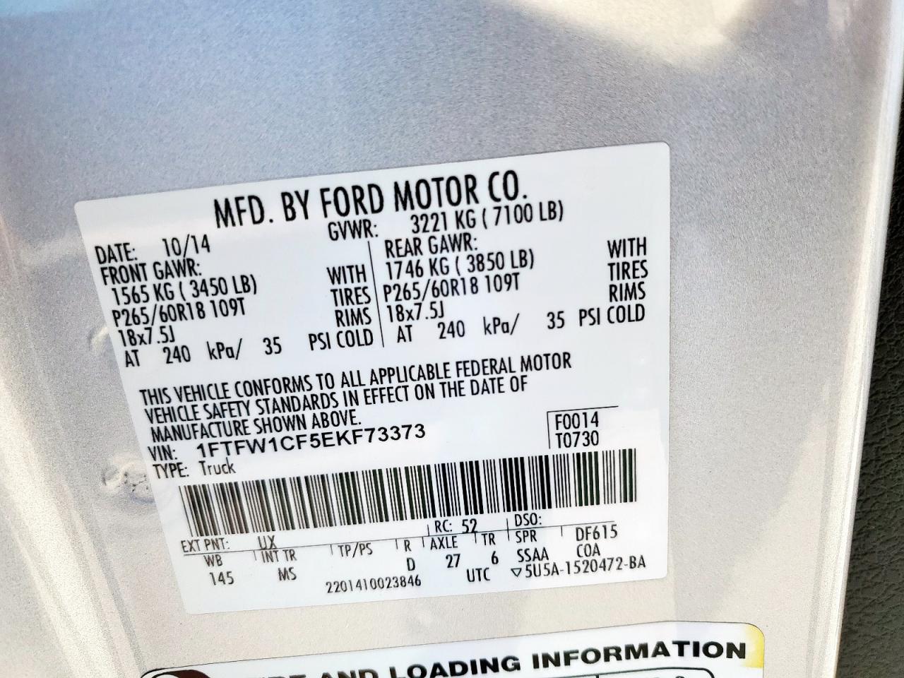 2014 Ford F150 Supercrew VIN: 1FTFW1CF5EKF73373 Lot: 91837565