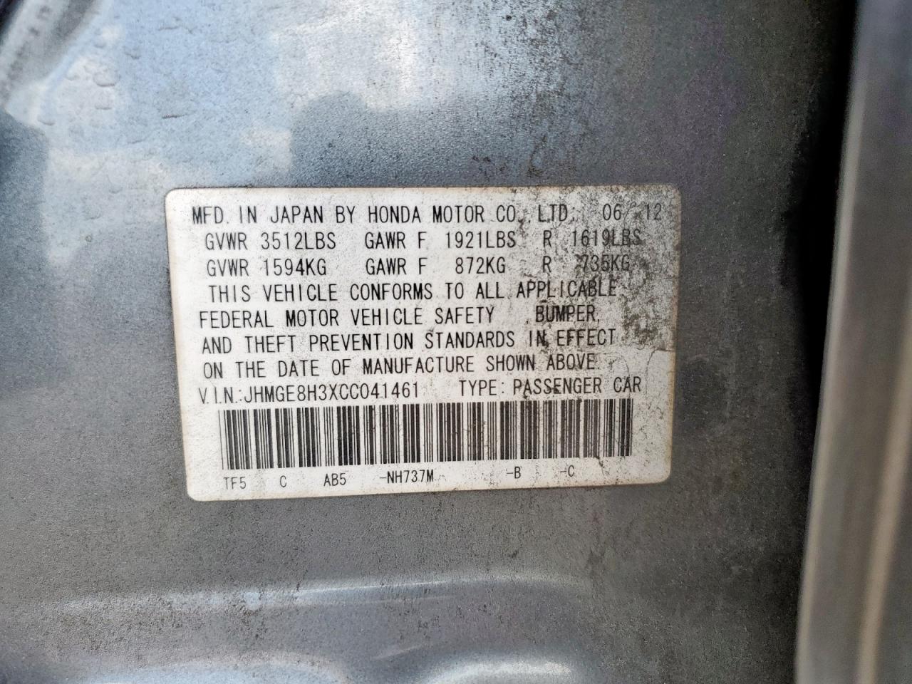 2012 Honda Fit VIN: JHMGE8H3XCC041461 Lot: 92584055