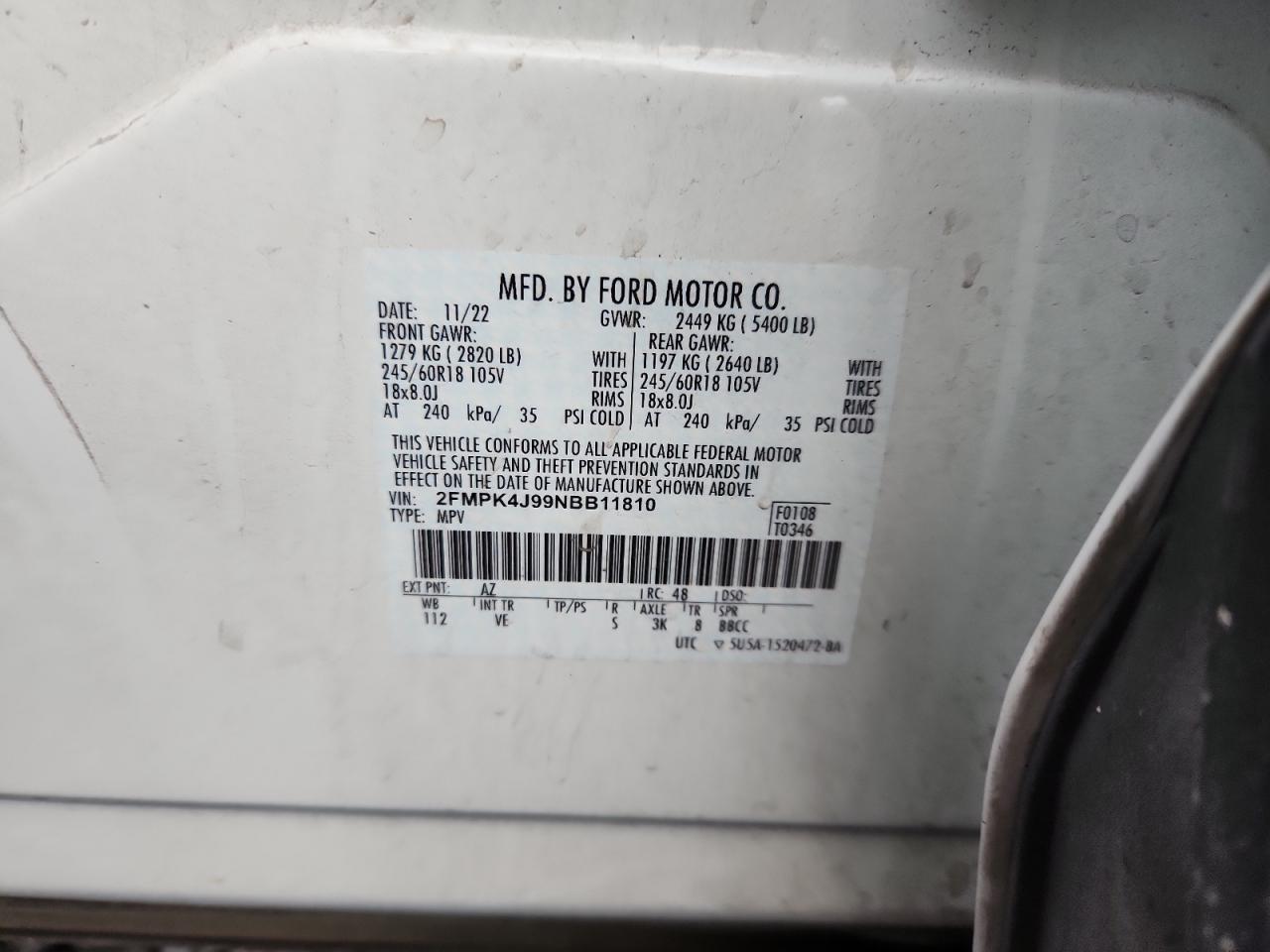 2022 Ford Edge Sel VIN: 2FMPK4J99NBB11810 Lot: 91286565