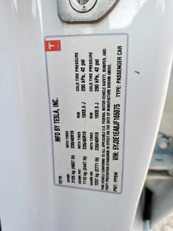 2018 Tesla Model 3 VIN: 5YJ3E1EA8JF165075 Lot: 85437865