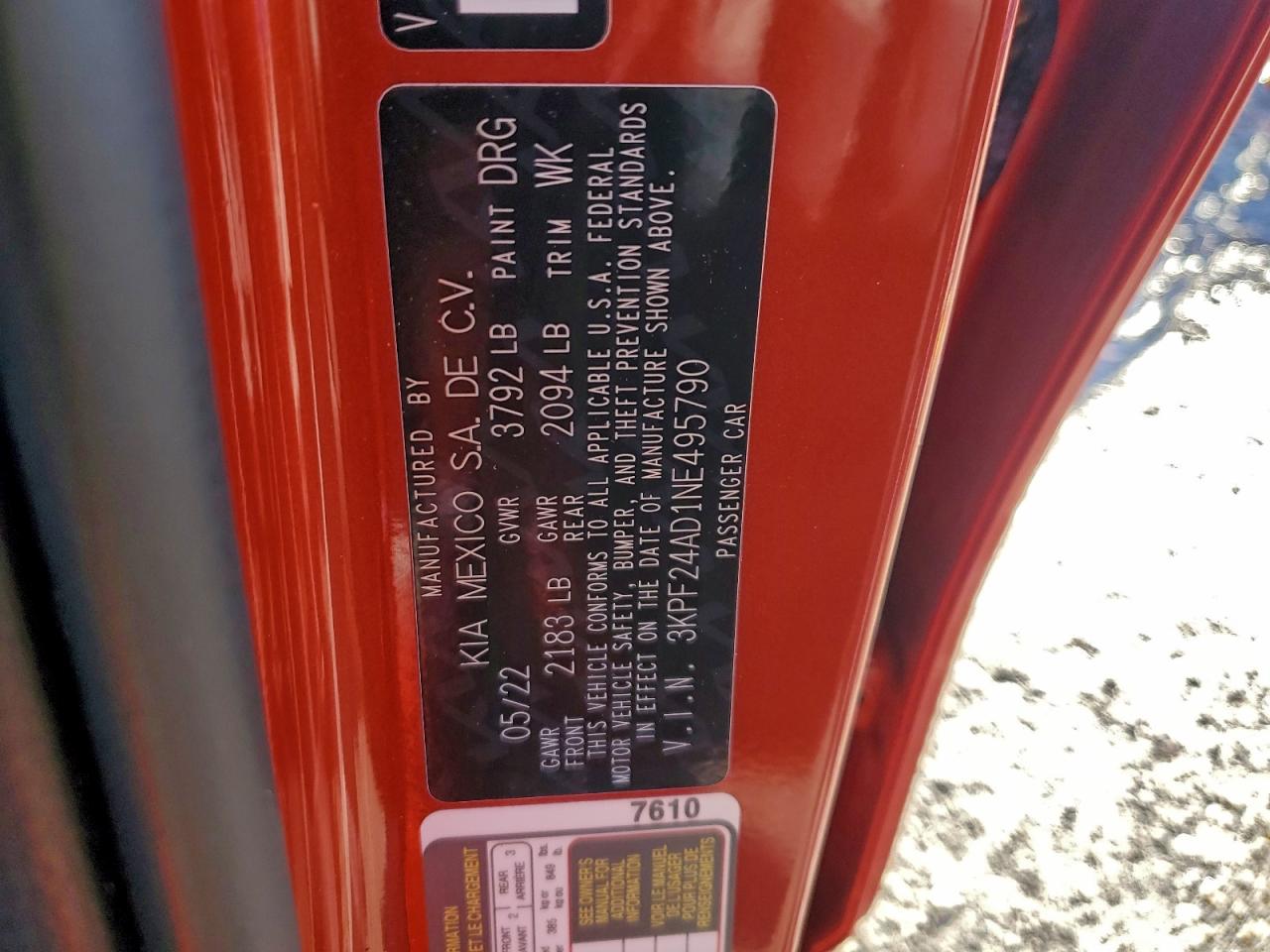 2022 Kia Forte Fe VIN: 3KPF24AD1NE495790 Lot: 94119975