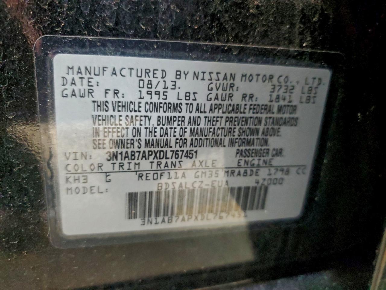 2013 Nissan Sentra S VIN: 3N1AB7APXDL767451 Lot: 94671965