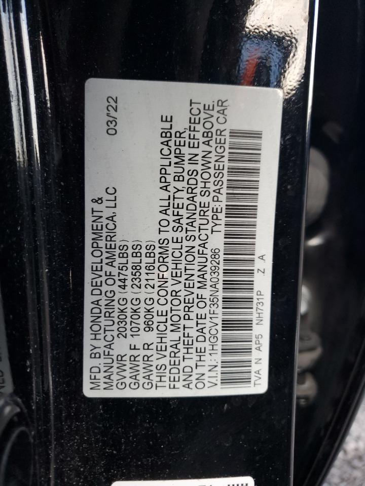 2022 Honda Accord Sport VIN: 1HGCV1F35NA039286 Lot: 92812385