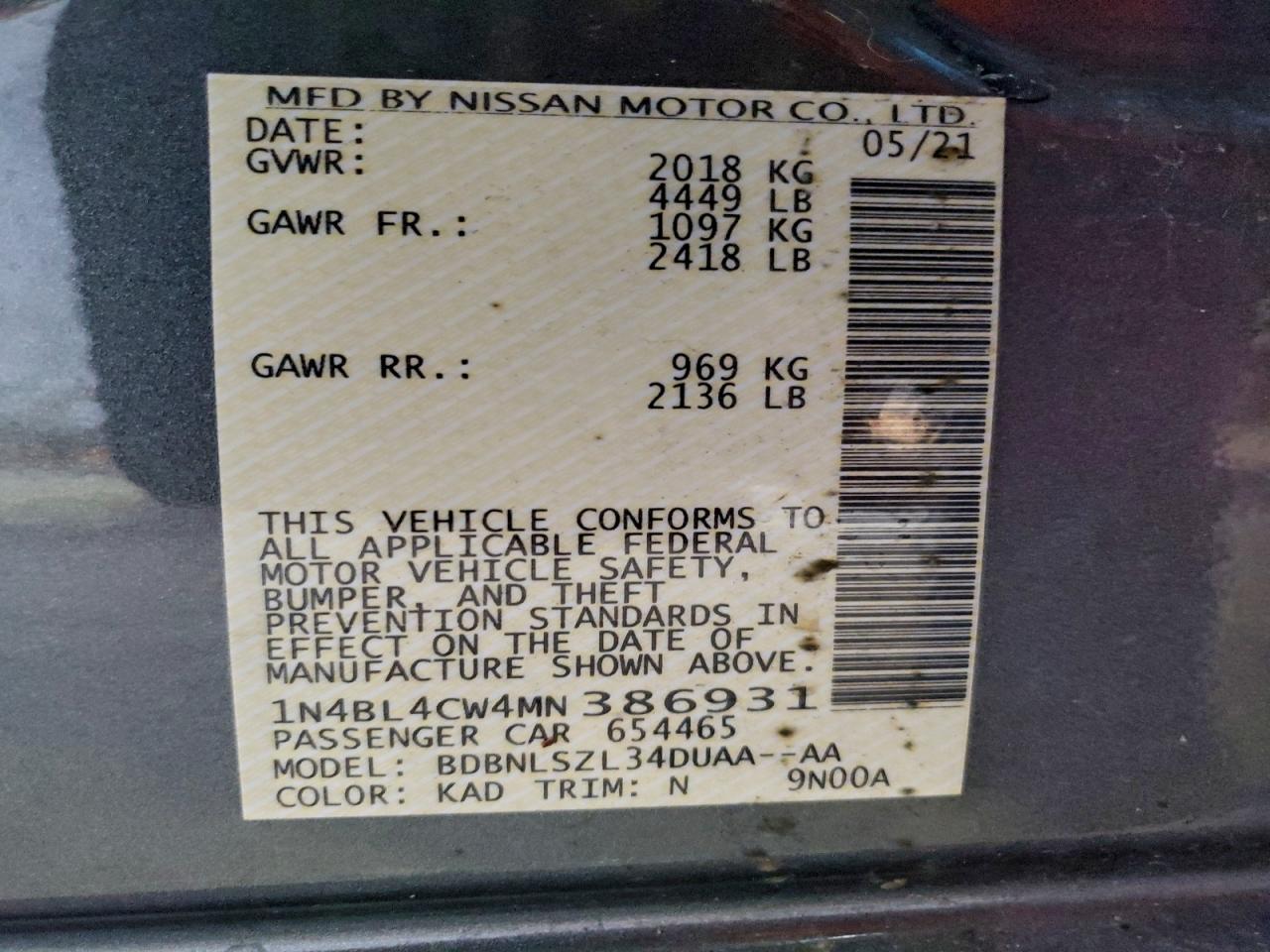 2021 Nissan Altima Sr VIN: 1N4BL4CW4MN386931 Lot: 93755505