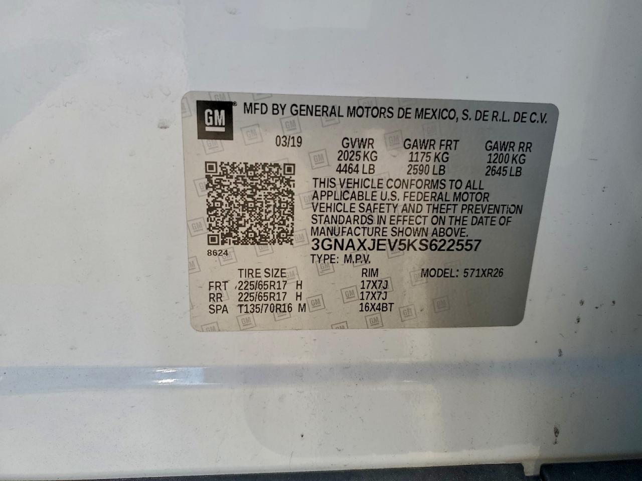 2019 Chevrolet Equinox Lt VIN: 3GNAXJEV5KS622557 Lot: 93996095