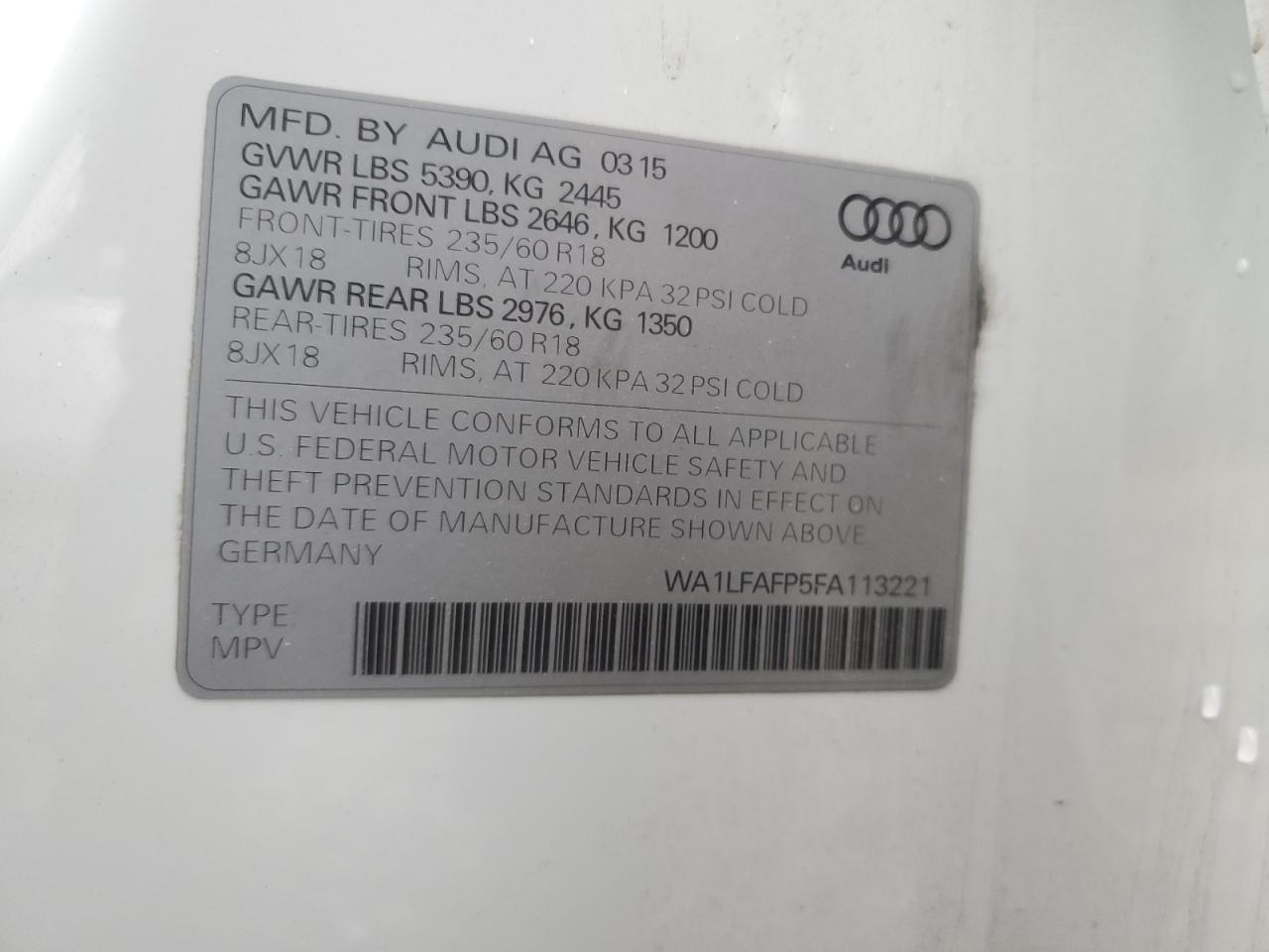 2015 Audi Q5 Premium Plus VIN: WA1LFAFP5FA113221 Lot: 93115315