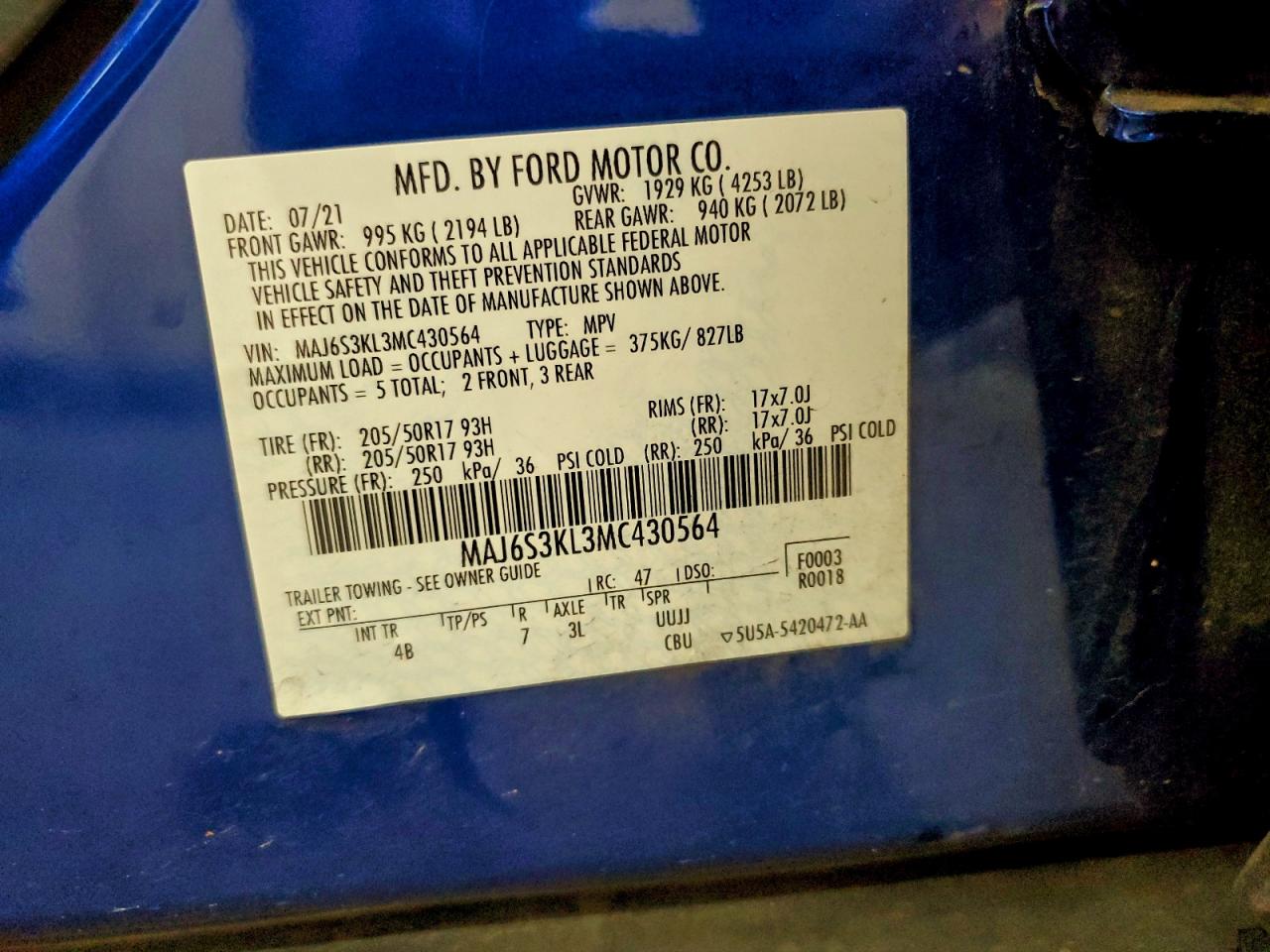 2021 Ford Ecosport Titanium VIN: MAJ6S3KL3MC430564 Lot: 93446325