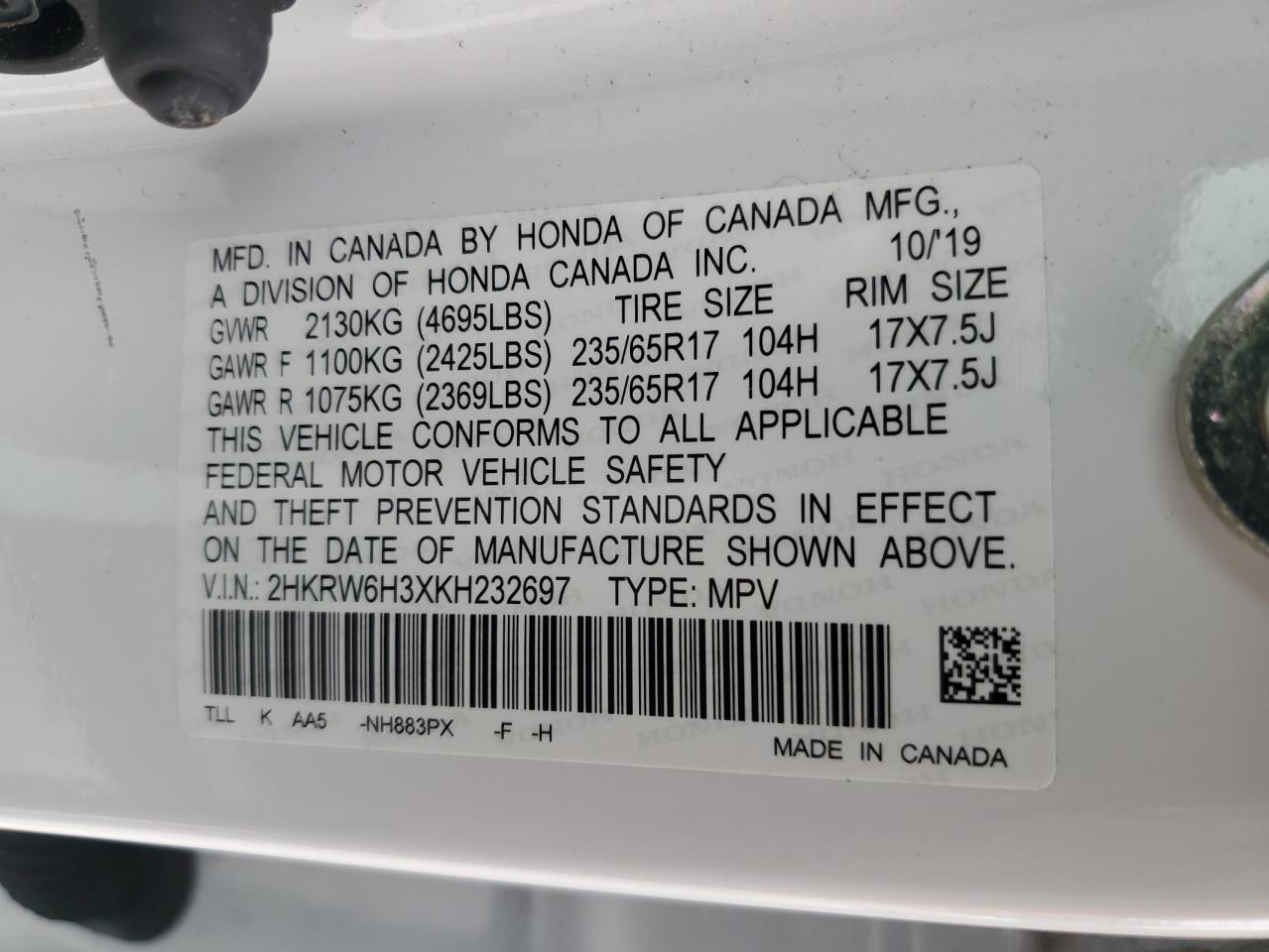 2019 Honda Cr-V Lx VIN: 2HKRW6H3XKH232697 Lot: 90822385