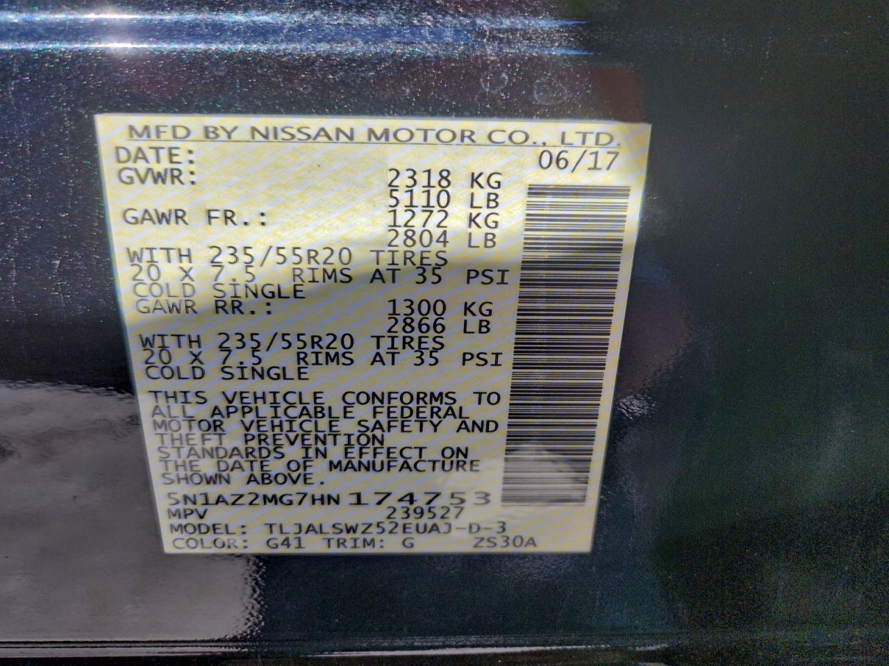 2017 Nissan Murano S VIN: 5N1AZ2MG7HN174753 Lot: 94516425