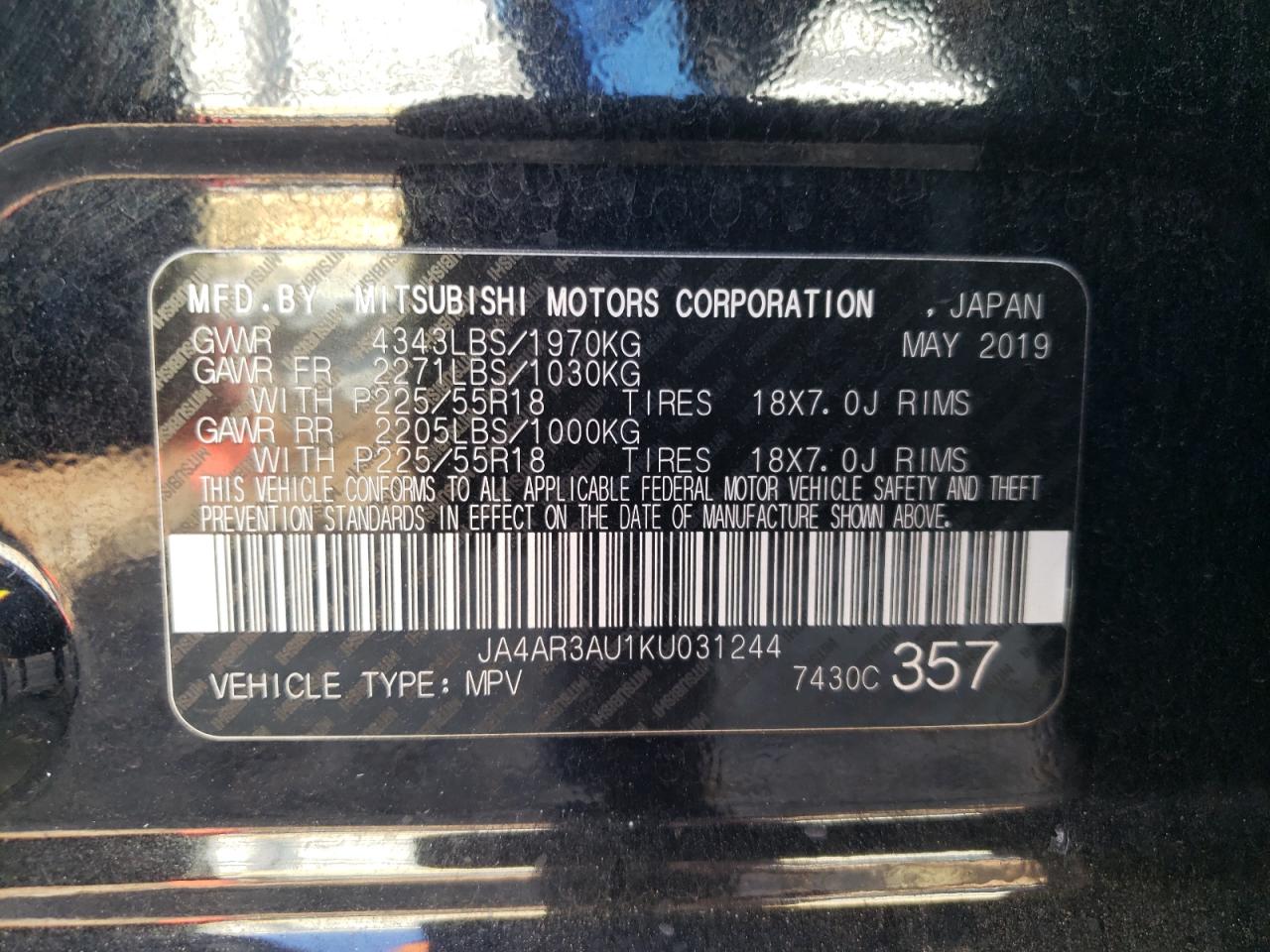 2019 Mitsubishi Outlander Sport Es VIN: JA4AR3AU1KU031244 Lot: 91770105