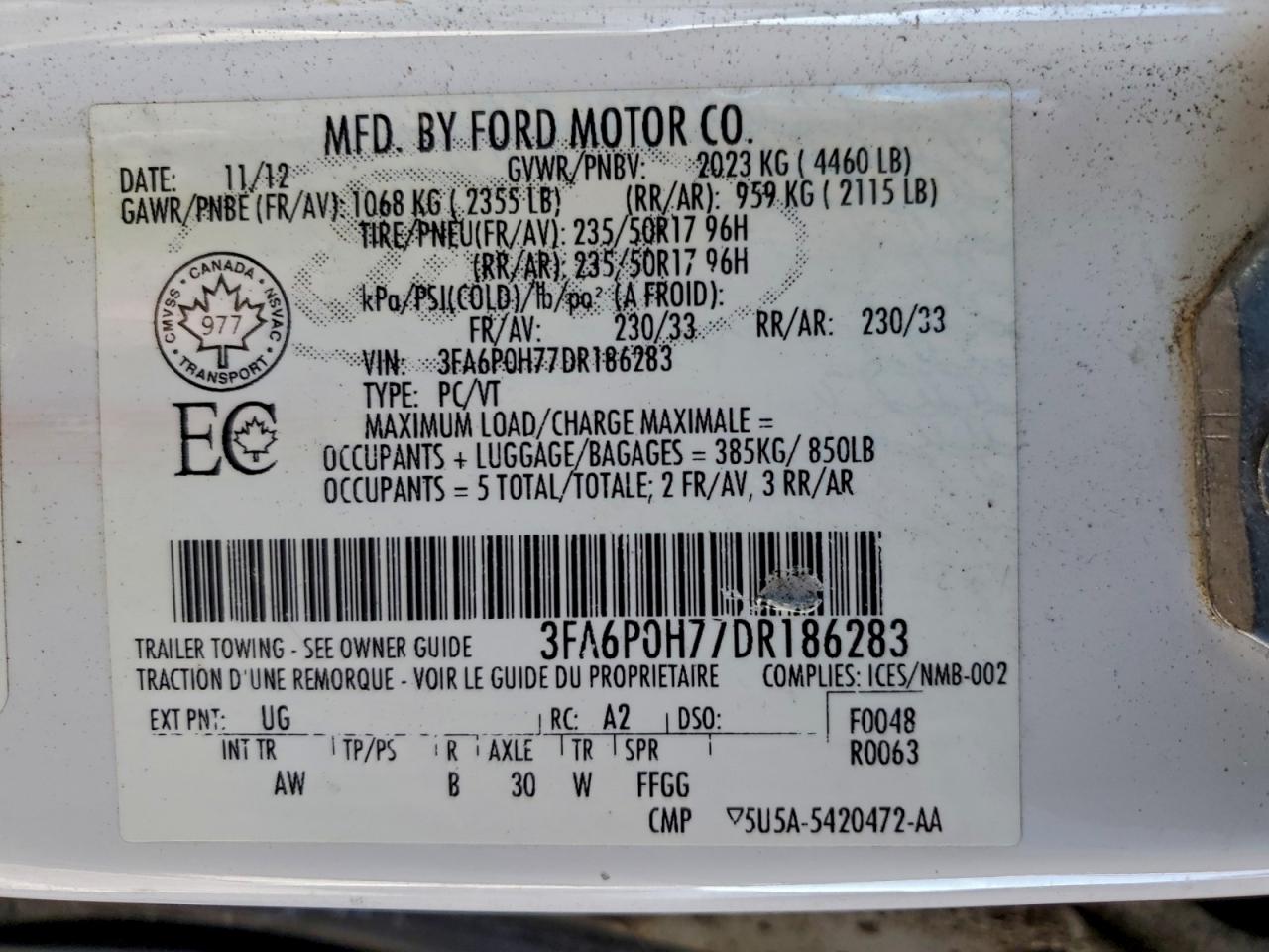 2013 Ford Fusion Se VIN: 3FA6P0H77DR186283 Lot: 94181675