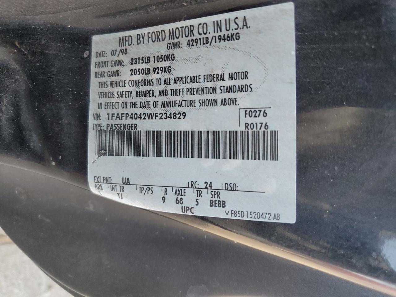 1998 Ford Mustang VIN: 1FAFP4042WF234829 Lot: 92854445