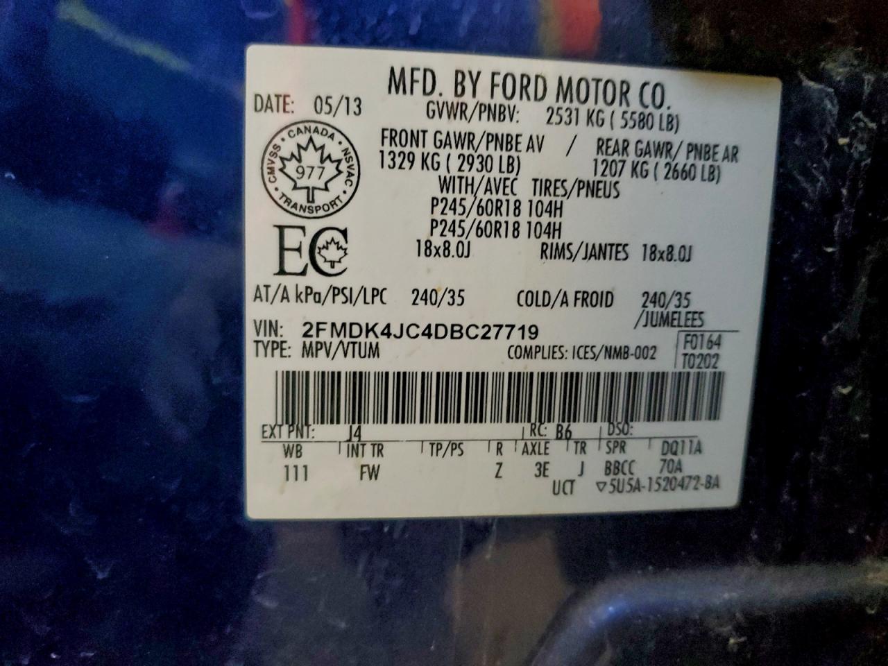 2013 Ford Edge Sel VIN: 2FMDK4JC4DBC27719 Lot: 93913825