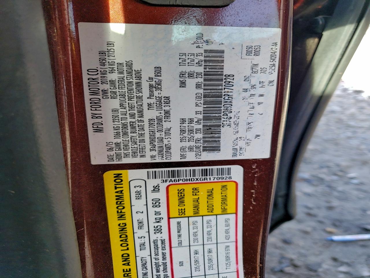 2016 Ford Fusion Se VIN: 3FA6P0HDXGR170928 Lot: 94259675