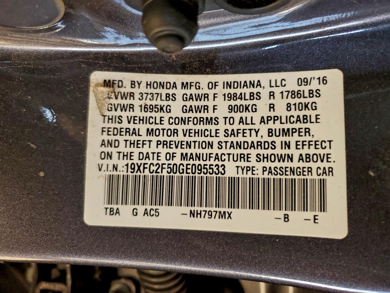 2016 Honda Civic Lx VIN: 19XFC2F50GE095533 Lot: 94591755