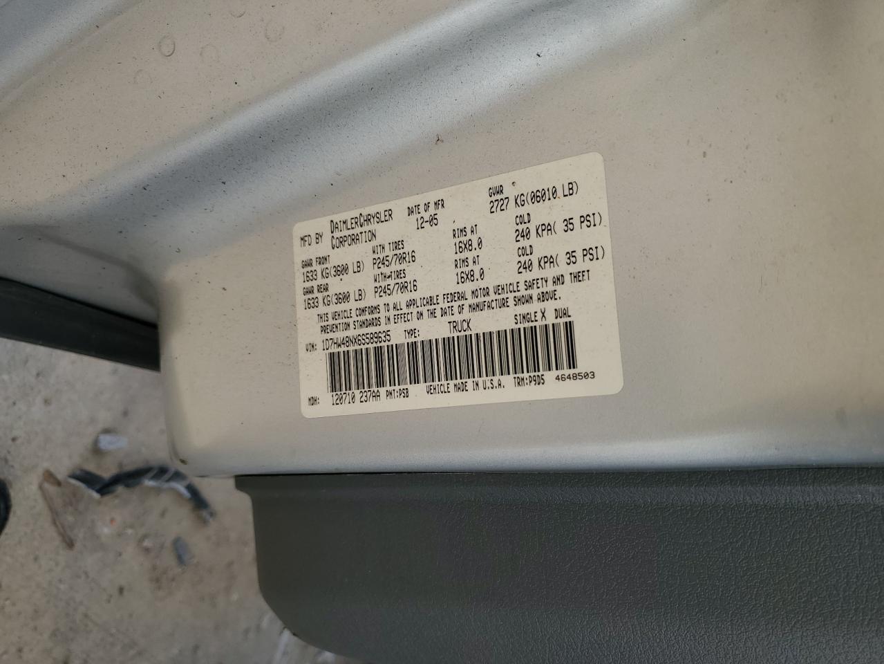 2006 Dodge Dakota Quad Slt VIN: 1D7HW48NX6S589635 Lot: 91189475