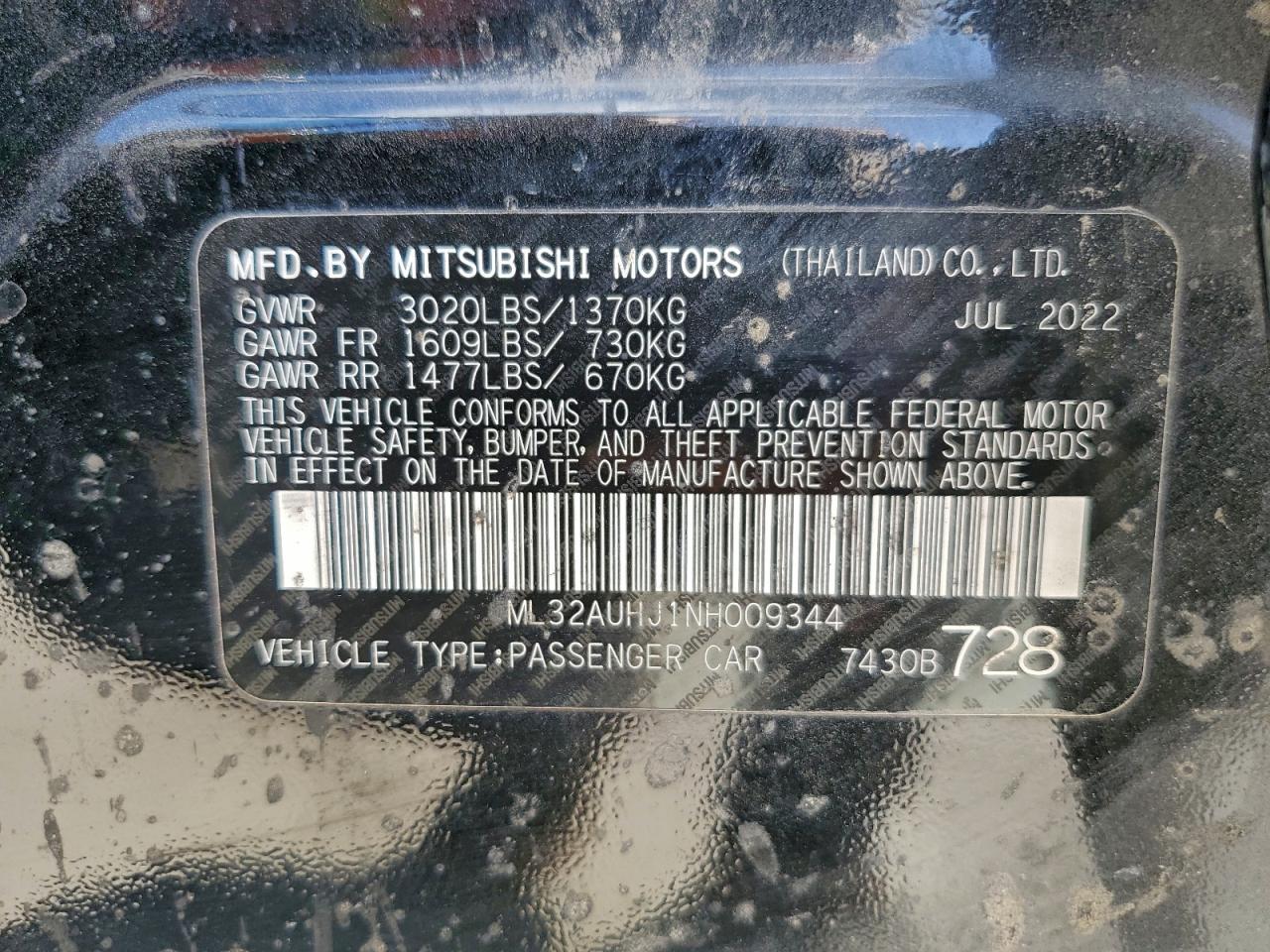 2022 Mitsubishi Mirage Es VIN: ML32AUHJ1NH009344 Lot: 92700805