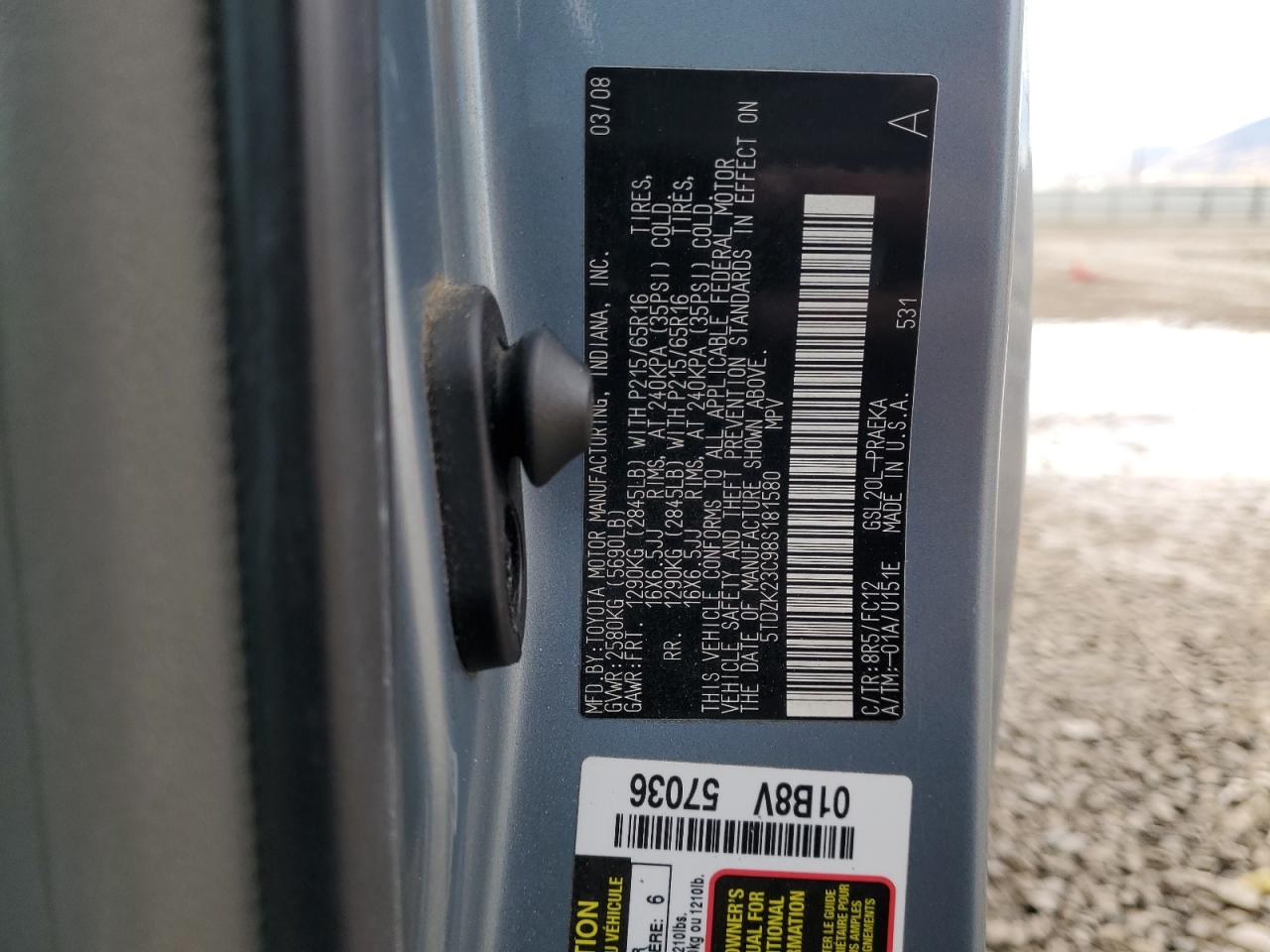 2008 Toyota Sienna Ce VIN: 5TDZK23C98S181580 Lot: 93326895