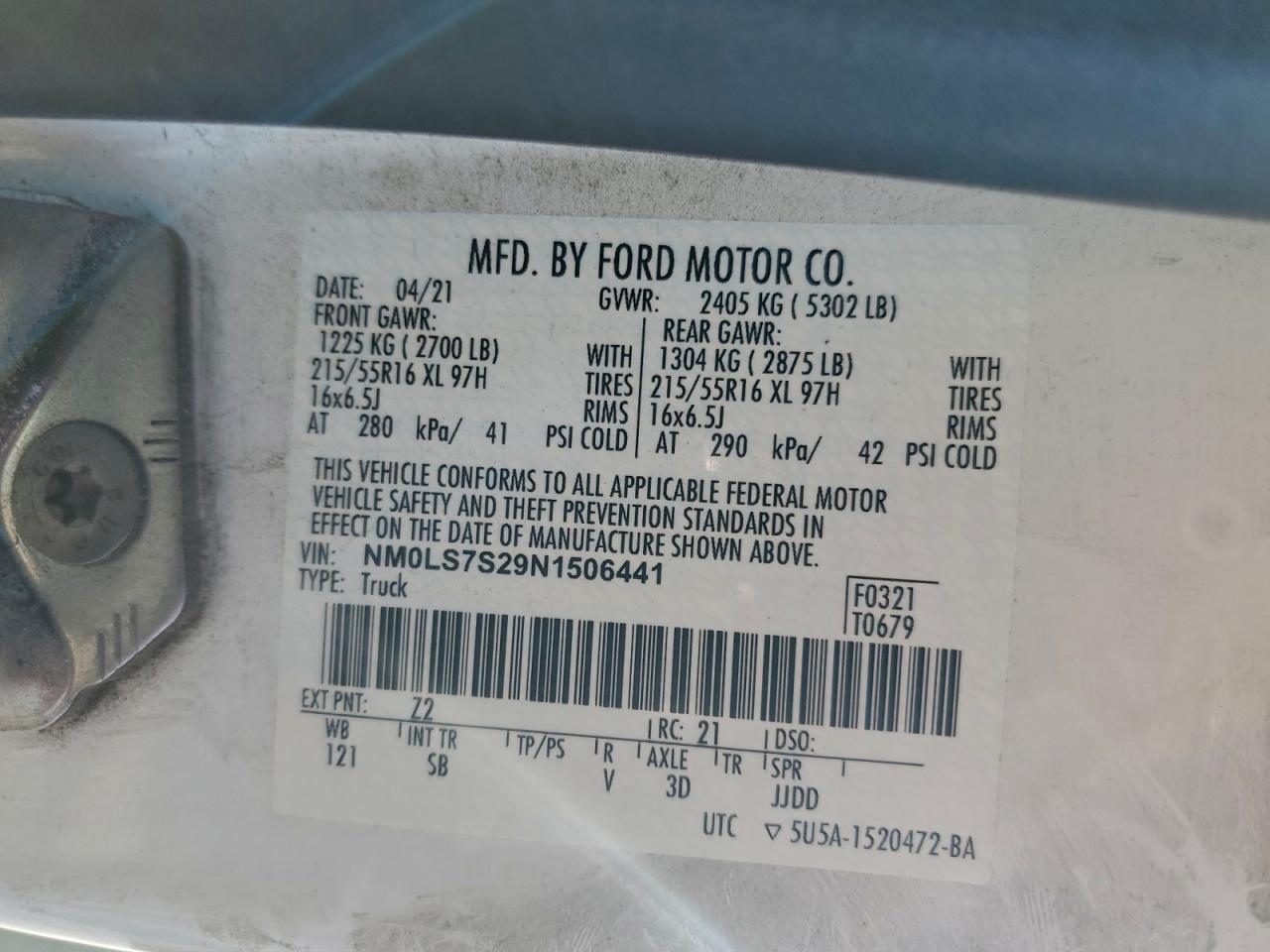 2022 Ford Transit Connect Xl VIN: NM0LS7S29N1506441 Lot: 94722255
