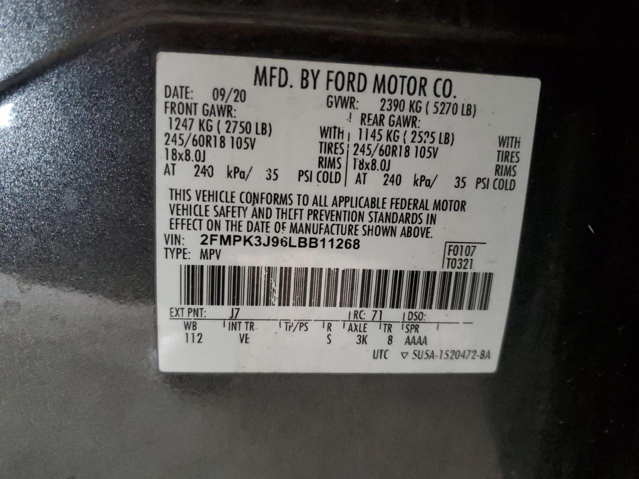 2020 Ford Edge Sel VIN: 2FMPK3J96LBB11268 Lot: 93379895