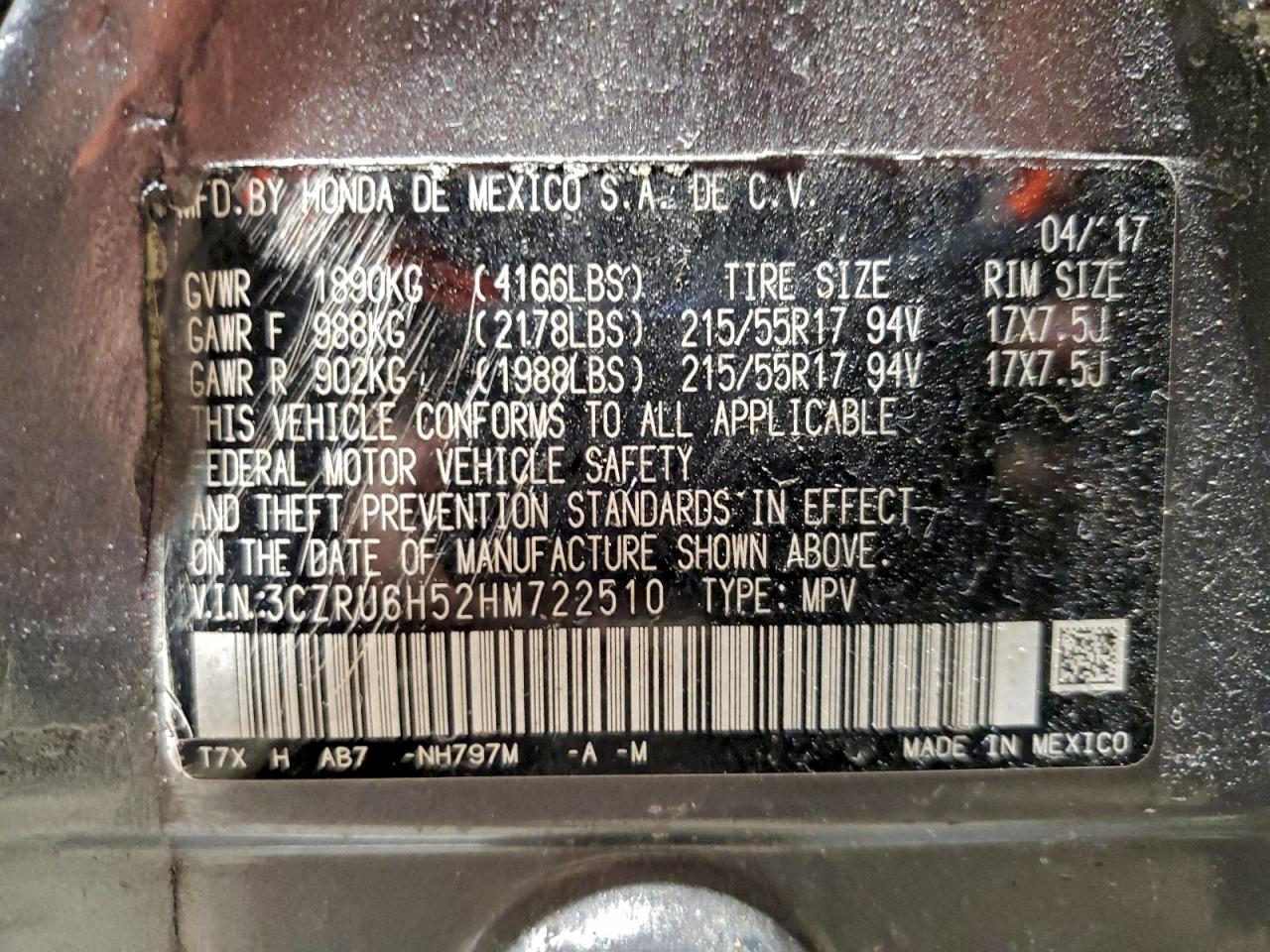 2017 Honda Hr-V Ex VIN: 3CZRU6H52HM722510 Lot: 94043515