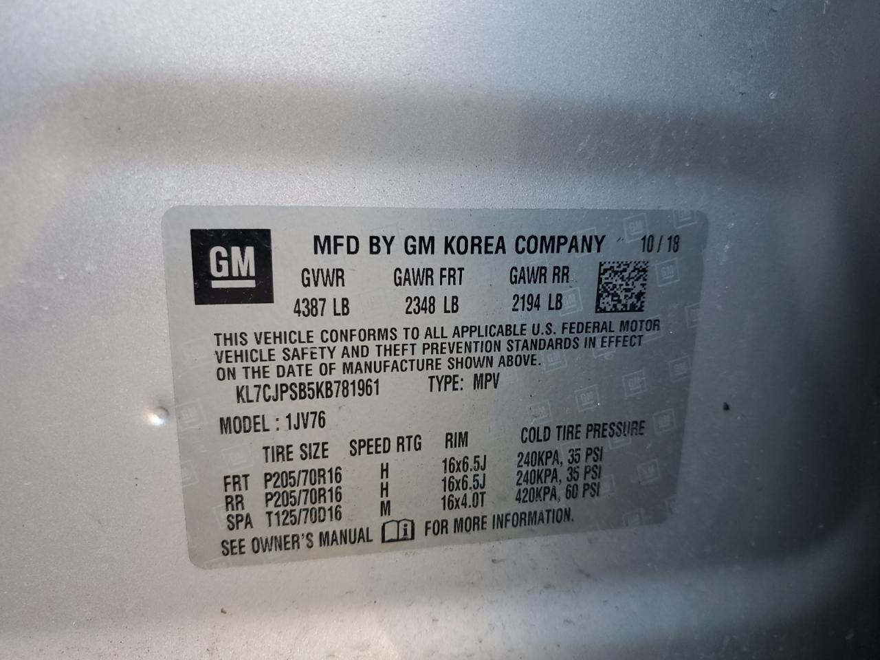 2019 Chevrolet Trax 1Lt VIN: KL7CJPSB5KB781961 Lot: 92350425