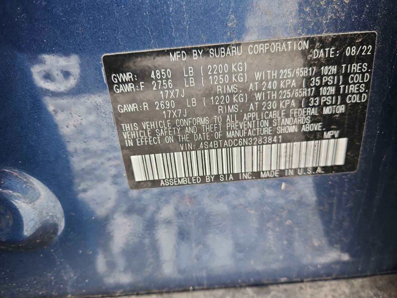 2022 Subaru Outback Premium VIN: 4S4BTADC6N3283841 Lot: 92725905