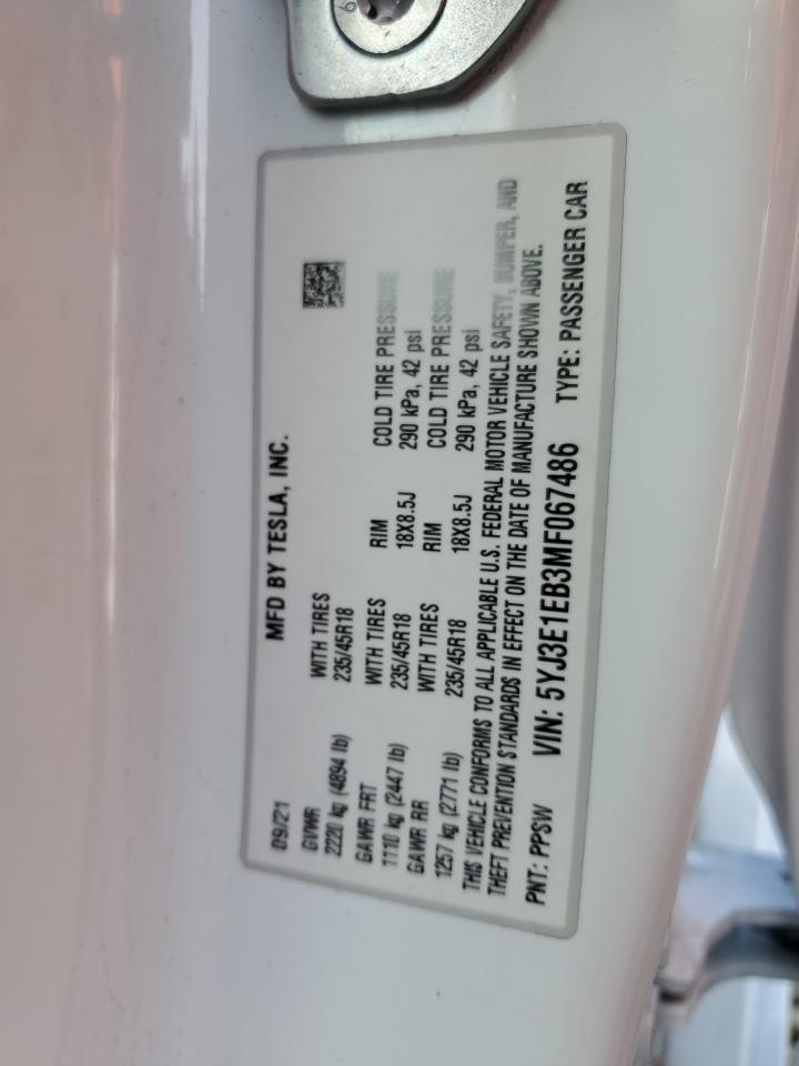 2021 Tesla Model 3 VIN: 5YJ3E1EB3MF067486 Lot: 93224385