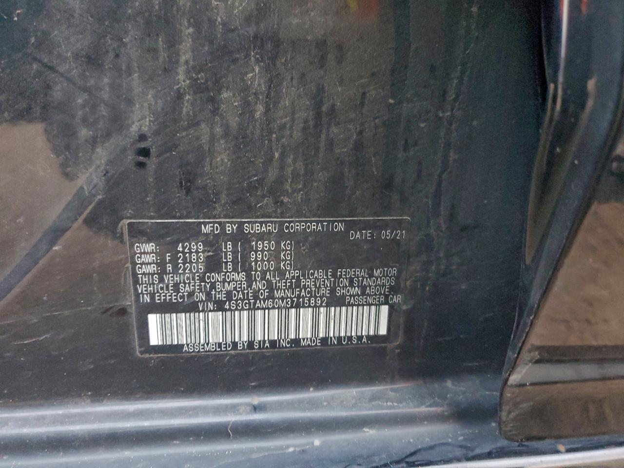 2021 Subaru Impreza Sport VIN: 4S3GTAM60M3715892 Lot: 94462935