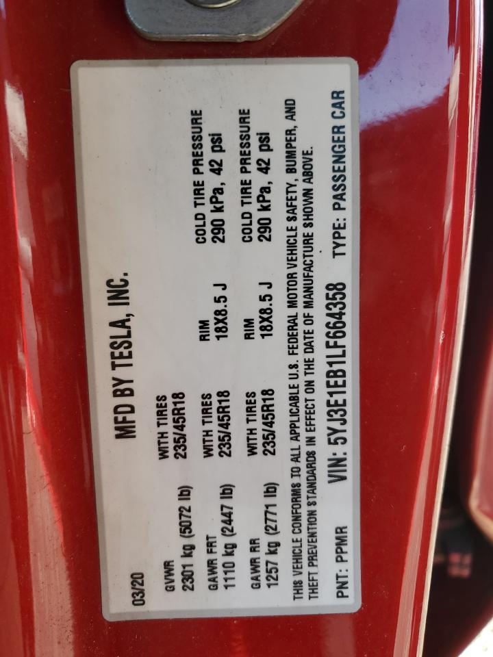 2020 Tesla Model 3 VIN: 5YJ3E1EB1LF664358 Lot: 92465175