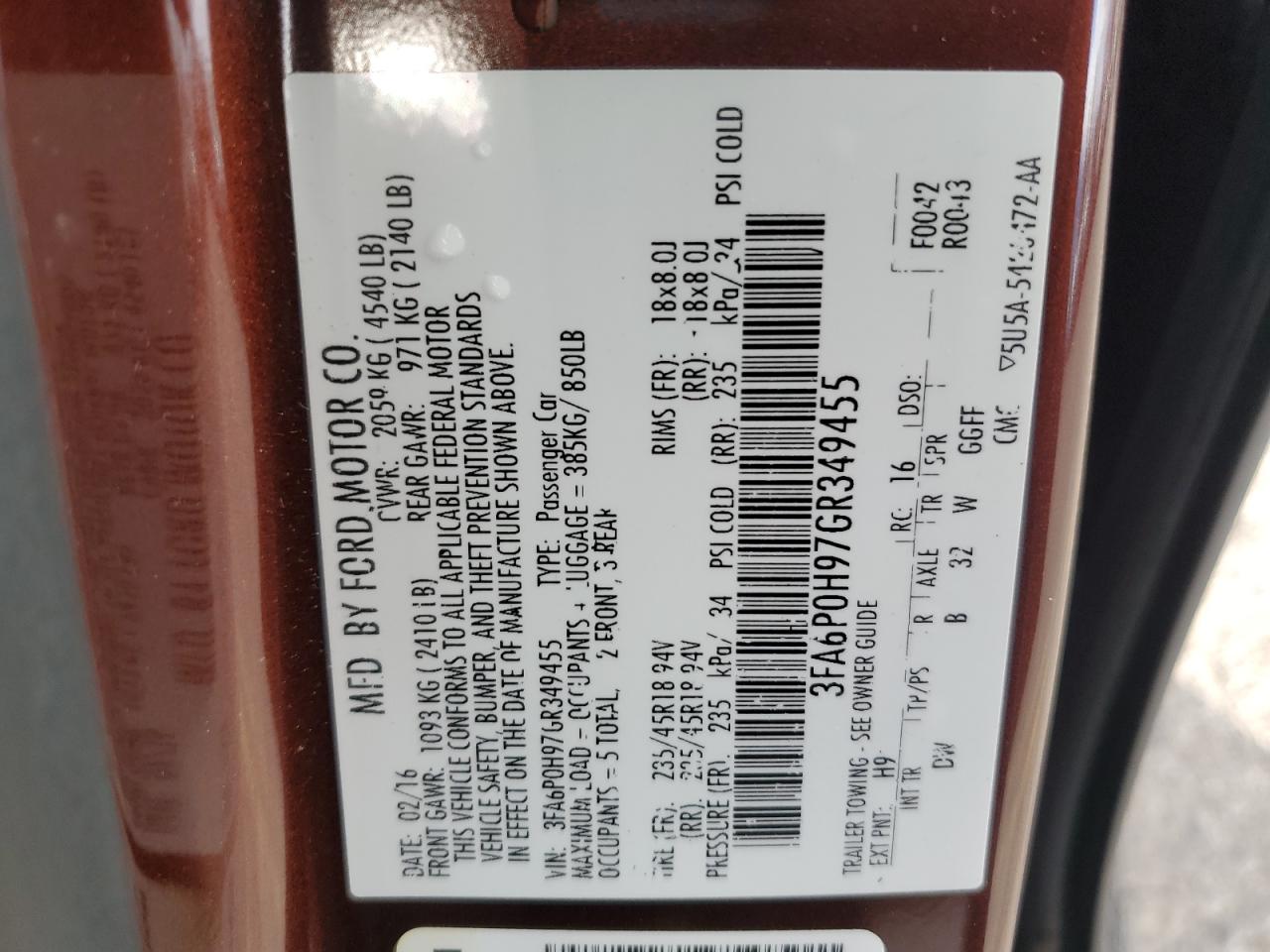 2016 Ford Fusion Se VIN: 3FA6P0H97GR349455 Lot: 91919685