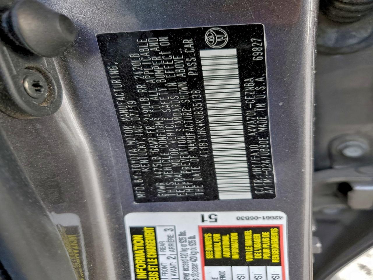 2019 Toyota Camry L VIN: 4T1B11HK4KU835138 Lot: 93509285