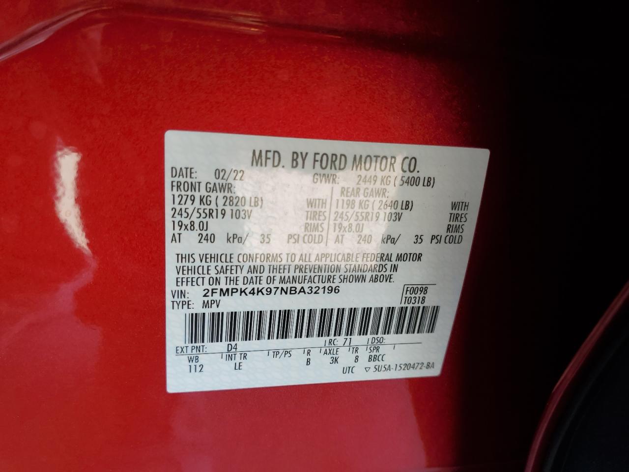 2022 Ford Edge Titanium VIN: 2FMPK4K97NBA32196 Lot: 92659235