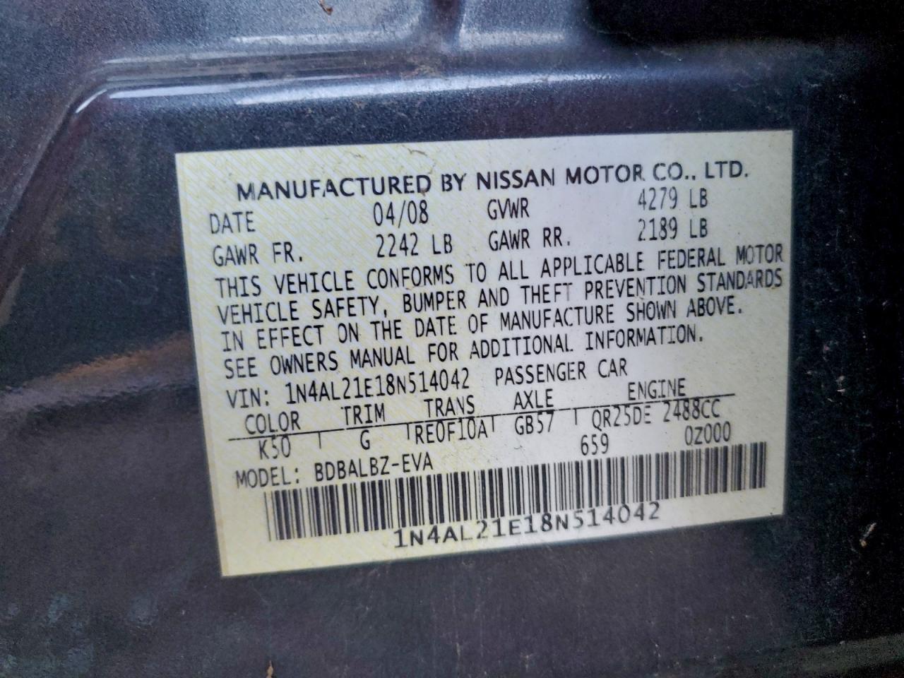 2008 Nissan Altima 2.5 VIN: 1N4AL21E18N514042 Lot: 93975785