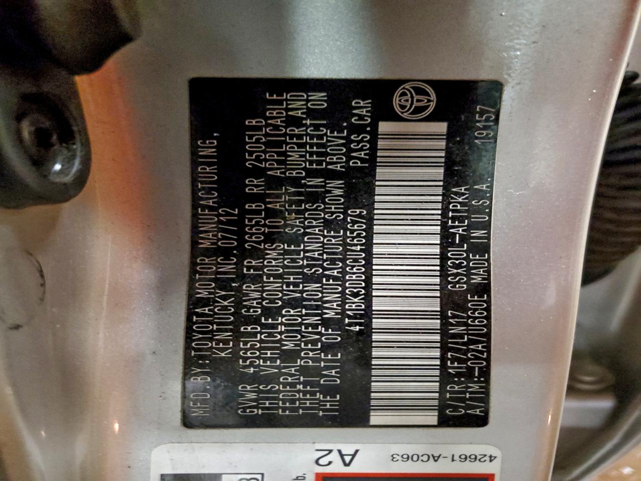 2012 Toyota Avalon Base VIN: 4T1BK3DB6CU465679 Lot: 93853695