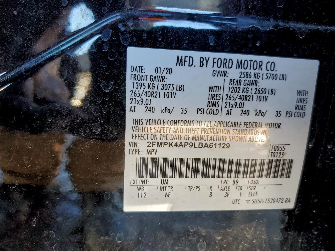 2020 Ford Edge St VIN: 2FMPK4AP9LBA61129 Lot: 94368925